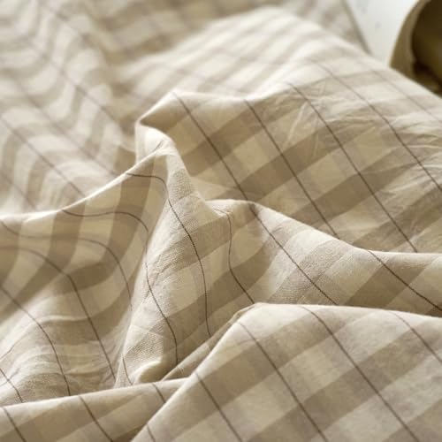 Image of VM VOUGEMARKET Khaki Gingham Duvet Cover Queen 3 Pieces Neutral Beige & Mocha Plaid Duvet Cover 100% Washed Cotton Comforter Cover with 2 Pillowcases Farmhouse Checkered Bedding Set