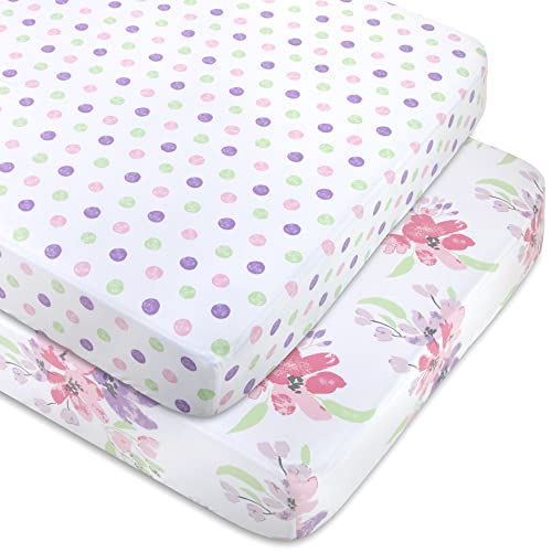 Image of Standard Microfiber Fitted Crib Sheets for Baby Girl, Baby Boy, and Neutral, 2 Pack Crib Sheets Crib Essentials for Baby 28x52 Crib Sheets (Flowers & Polka Dots)