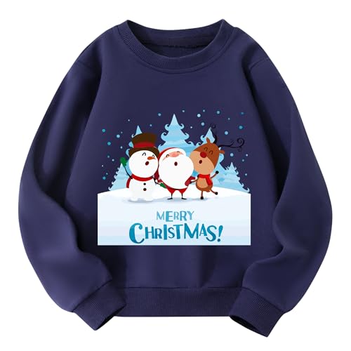 Pilipulu Sudaderas Navideñas Niños, Sudaderas sin Capucha para Niño y Niña, Sweatshirt de Algodón para Niña, Ropa Navideña para Infantil 6 Años, Azul Oscuro/Navidad