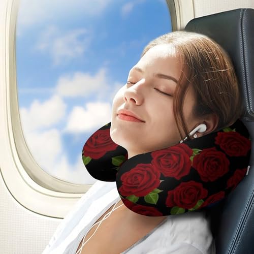 Image of Memory Foam Travel Pillow Red Rose Floral, Breathable Chin Head Support, Washable Zip Cover for Airplane Car Office Pain Relief