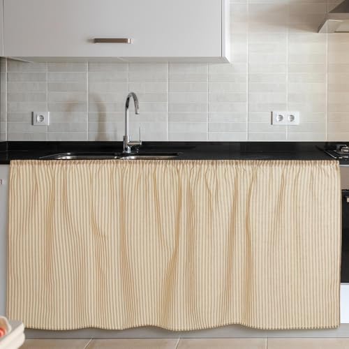VitalCozy Cabinet Curtains 28 W x 51 L Sink Skirt for Bathroom Kitchen Office Desk Brown Stripes Cabinet Curtains for Classroom Office Home Drape Under Desk Privacy Drape for Laundry Room