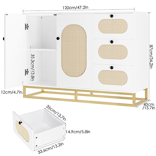 Finetones White Dresser For Bedroom, Rattan Dresser Modern Dresser With 3 Drawers, Wood Storage Drawer Cabinet With Handmade Rattan Doors, Rattan Chest Of Drawers For Bedroom, Living Room, White/Gold #TOP2