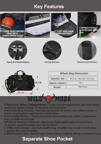 Image of 50L Duffel Travel Bag with Multiple Pockets | Ideal for Gym & Outdoor Trips (Black & Green)