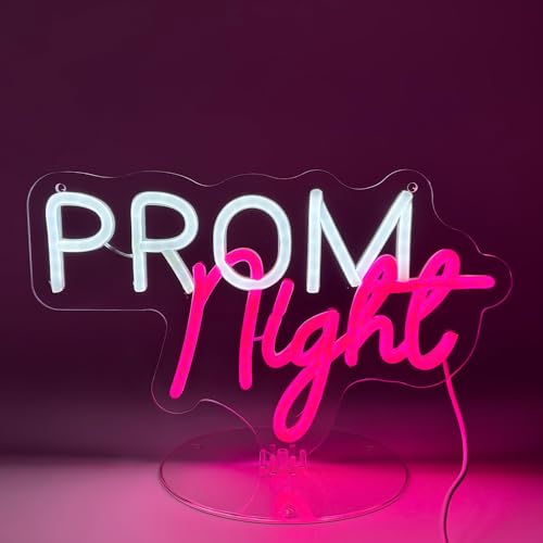 Image of Prom Night Neon Sign, LED Light Up Party Decoration for Prom, Graduation, or Dance Event, USB Powered Backdrop Wall Sign for Prom 2026 Grad Party Decor Pink and White