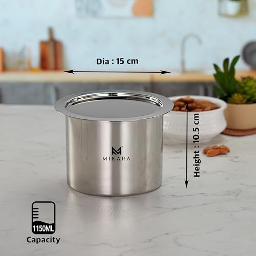 Image of MIKARA Stainless Steel Tope with Lid | Flat Bottom Patila | Heavy Duty Kitchen Cookware| for Gas & Induction Use| Strong, Durable & Multipurpose Cookware. Space Saving (1150ml)
