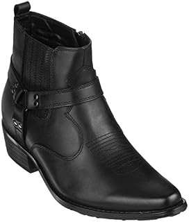 CALTO Men's Invisible Height Increasing Elevator Shoes - Black Premium Leather Cowboy Zipper