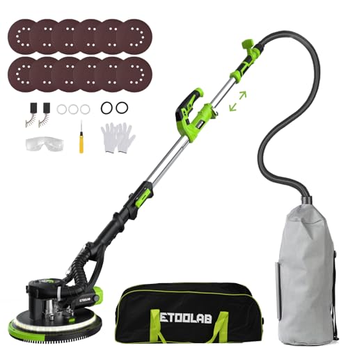 Drywall Sander - ETOOLAB Electric Drywall Sander 1000-2100RPM with Auto Dust Collection 360° Swivel Head, Powerful Wall Sander with 5 Variable Speed LED Lightfor Ceilings, Floors Discs Sander