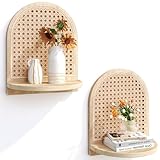 LUPWNEKA Arched Rattan Wall Shelf - Boho Rattan Floating Shelf with Grooved Edge, Unique Small Display Shelves, Natural Pine Wood Wall Decor for Bedroom, Living Room, Nursery Room, Set of 2, Natural