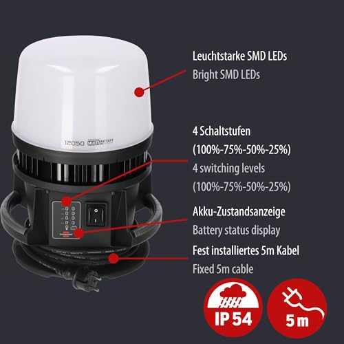 Brennenstuhl Professional Multi Battery LED 360° Hybrid Baustrahler 12050 MH (12000lm, IP54, kompatibel mit 18V Akkus 11 verschiedener Hersteller, 5m RN-Kabel, ohne Akku, Engineered in Germany)
