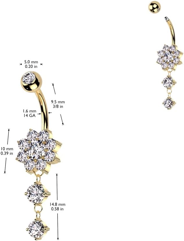 Pierced Owl 14GA 316L Stainless Steel CZ Crystal Flower with Dangling Double Gem Drop Belly Button Ring - Image 2