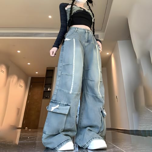 Grunge Y2K Kawaii Gothic Clothes Casual Straight Wide Leg Vintage White Lace Bows Decor Cargo Jeans for Women3