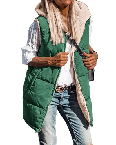 BTFBM Long Puffer Vest Women Fleece Sherpa Jacket Sleeveless Hooded Reversible Zip Up Winter Coat Fall Vests Outerwear(Dark Green, Large)