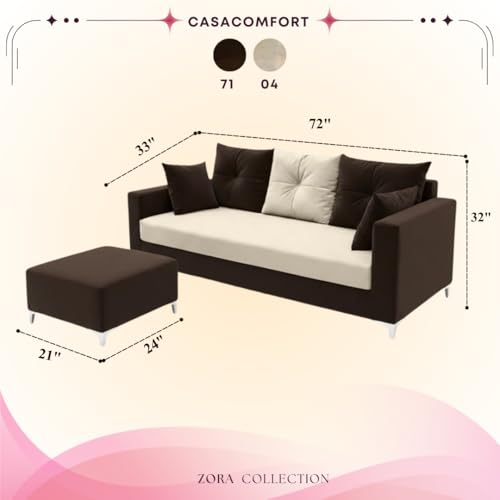 Image of Zora 4 Seater L Shape Sofa Set with Movable Ottomans | Flexible Layout | Rich Velvet Suede Fabric | Silver Legs | Spacious Seating | Modern Sofa for Living Room (Dark Brown-Cream)