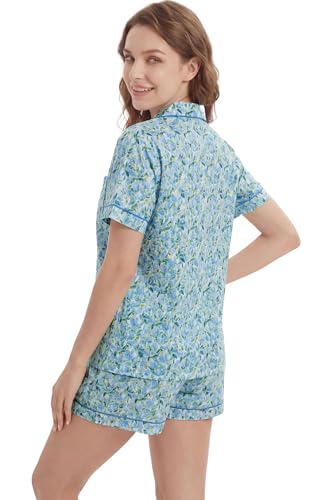 Image of LUBOT 100% Cotton Pajamas for Women 2 Piece PJ Set Poplin Woven Lightweight Ladies Button Short Sleeve Sleepwear S-XXL