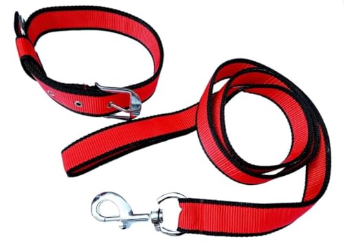 Image of THE BON BON Premium 5ft Dog Leash and Collar Set for Large Dogs | Heavy Duty Nylon with Reflective Stitching, Padded Handle, Adjustable Collar | Ideal for Walking and Training (Red, Large)
