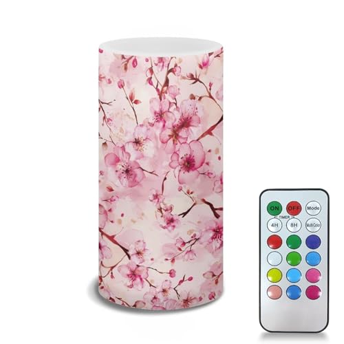 Merkmak Cherry Blossoms Battery Operated Candles with Timer Flameless LED Candles with Remote Color Changing for Outdoor Larterns, Porch Electric Fake Plastic Pillar Lights