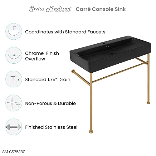 Carre 36" Ceramic Console Sink Matte Black Basin Brushed Gold Legs #TOP1