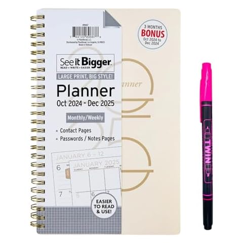 PlanAhead See IT Bigger October 2024 - December 2025 Size 8.75" x 5.5" x 0.5" Monthly/Weekly Medium Planner and Twin Fluorescent Pen (Coppa) Cover