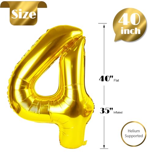 Image of Gold 4 Balloon, Number Balloon 40 Inch, 4th Gold and Black Party Decorations, Four Large Numbers for Party Decor, Number 4 Balloon