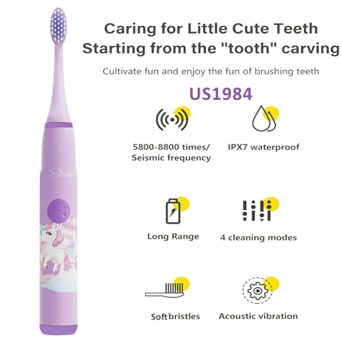 Image of Sonic Electric Toothbrush for Kids with 4 Modes, 3 Brush Heads & Rechargeable Battery, Ultra Soft Nylon Bristles, IPX7 Waterproof, Electric Power Tooth brush (Purple)
