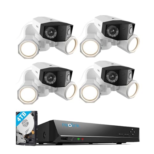 REOLINK 4K PoE Security Camera System, 4X Duo Floodlight PoE IP Camera in 180Β° Ultra-Wide Angle Bundle 1x 16ch Reolink NVR with Built-in 4TB HDD, 1800 Lumen Floodlight, Advanced AI Detection