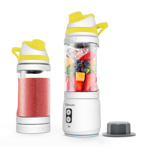 Portable Blender, Anti-Jamming 300 Watt for Shakes and Smoothies, 24oz Travel Blender USB Rechargeable, BPA Free Sporty bottle with a Travel Lid. (Black Base Grey Lid) (White Base Yellow Lid)