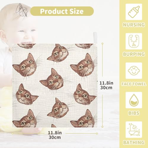 vvfelixl Brown Cat Head Baby Burp Cloths Baby Muslin Washcloths for Boys Girls Cotton Babys Face Towel for Newborn Infants Soft and Absorbent 11.8 X 11.8 in, 5 Pack4