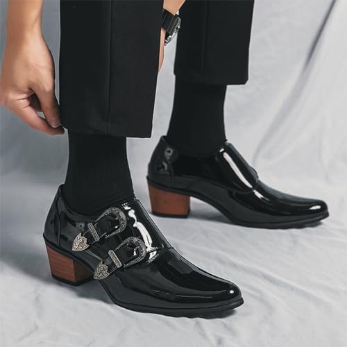 Men's Double Monk Strap Patent Leather Chelsea Boots Fashion Pointed Toe Slip On Low Chunky Heel Western Cowboy Ankle Boots Dress Oxford Shoes for Wedding Party Ballroom Prom4
