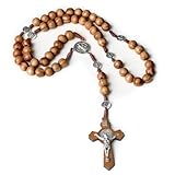 AEKZOX Collar de Rosario Católico con Cuentas de Madera y Colgante de Cruz Grabado con la Imagen de Jesucristo, Ideal para Sacramentos Católicos, Bautizos, Misas y Lecturas Bíblicas. (Marrón Café)