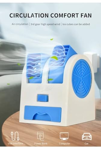 Image of Mini Cooler AC USB and Battery Operated Air Mini Water Air Cooler Cooling Fan Duel Blower with Ice Chamber Perfect for Temple, Home, Kitchen Use (Random Color)