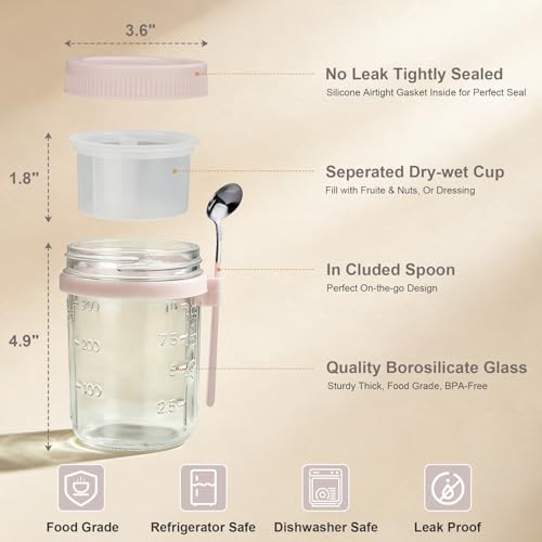 Image of 4 Pack Overnight Oats Containers with Lids and Spoons - 16 oz Glass Mason Jars with Dressing Cup, Over Night Oat Jars for Meal Prep, Yogurt Parfait Cup for Chiaseed Sugar Packet Holders (Beige)