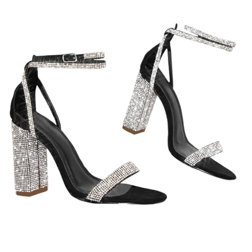 Women's Open Toe Strappy Block Heel Rhinestone Sandals for Wedding Party Prom Pump Sandals Shoes