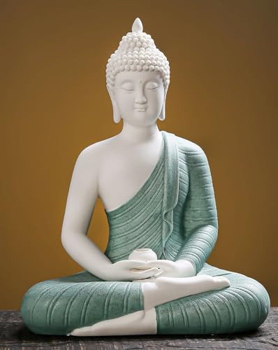 QINLANG 12 inch Green Buddha Statue for Home Decor, Ceramic Meditation Buddha Decoration for Home