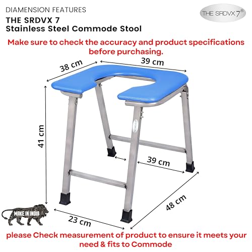 Image of Stainless Steel Premium Folding Shower Bathing Room Mobile Commode Stool Indian Toilet Seat for Elderly Disabled Men and Pregant Women Support Safe Chair Anti-Slip (Blue)