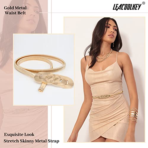 Leacoolkey Women Metal Skinny Belt For Dress Gold Elastic Thin Waist Belt Stretch Dress Belt #TOP1