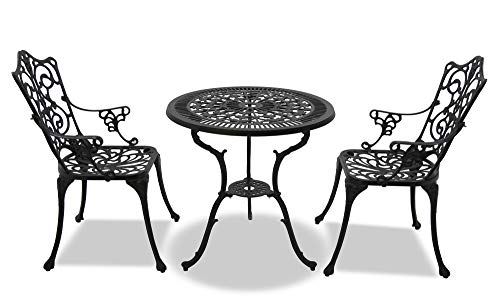 Homeology TABREEZ Garden & Patio Table & 2 Large Chairs with Armrests Cast Aluminium Bistro Set - Black - Image 4
