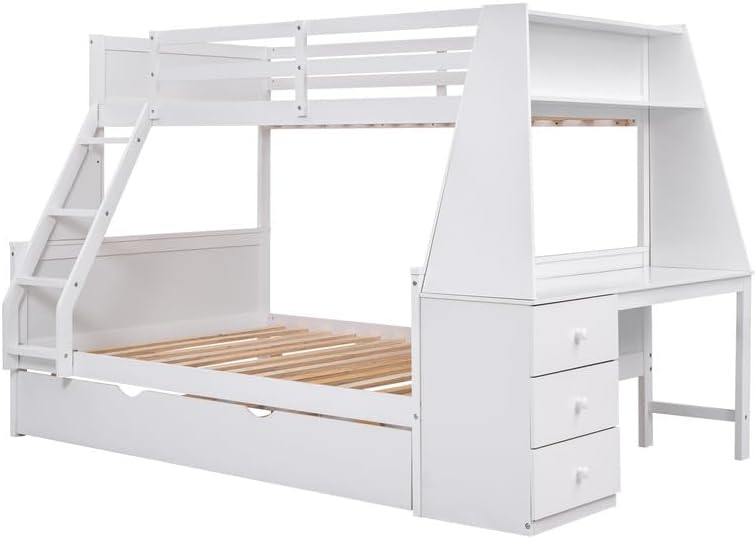 Twin Over Full Bunk Bed with Trundle and Built-in Desk, Wooden Multifunction Bunk Bed Frame with 3 Storage Drawers and Shelf, Safety Guardrail and Ladder, Bedroom Furniture for Teens Adults, White