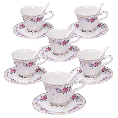 ufengke 4oz Flora Coffee Cup Set,Small Capacity Porcelain Coffee Tea Sets,Set of 6 Ceramic Tea Cup and Saucer-Chinese Rose Pattern
