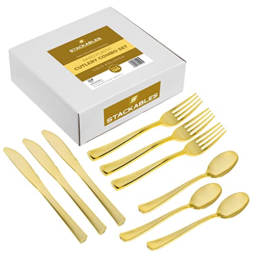 120 couverts en plastique doré réutilisables ~ couverts cuillères, fourchettes, couteaux Cover