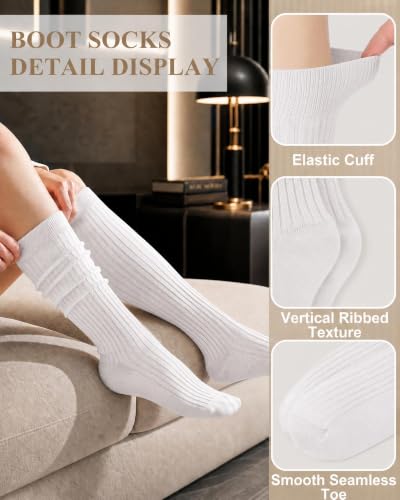 HRUTANE Womens Knee High Socks, Slouchy Cotton Boot Stocking Socks, White