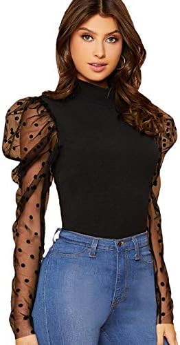 Floerns Women's Mock Neck Polka Dots Mesh Puff Sleeve Blouse Tops Black M