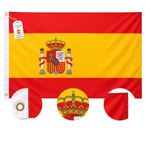 Mablik® Bandera de España Grande 150x90cm, con 2 Ojales Metálicos | Bandera España con Escudo para Exterior e Interior de Poliéster Resistente y Colores Vivos.