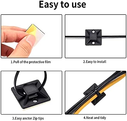 Cable Ties Adhesive Mounts, 100 Pcs Self Adhesive Cable Zip Ties  100 Pcs Wire Tie Mount Base Holders, Sticky Pads Organizer with Self Locking Nylon Tie Wraps for DIY Home Office Workshop