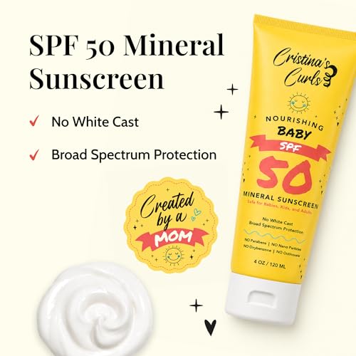 Image of Cristina's Curls Baby & Kids SPF 50 Mineral Sunscreen with Zinc Oxide - No White Cast, Plant-Based Formula with Broad Spectrum Protection - Gentle Face & Body Lotion for the Whole Family - 4 oz