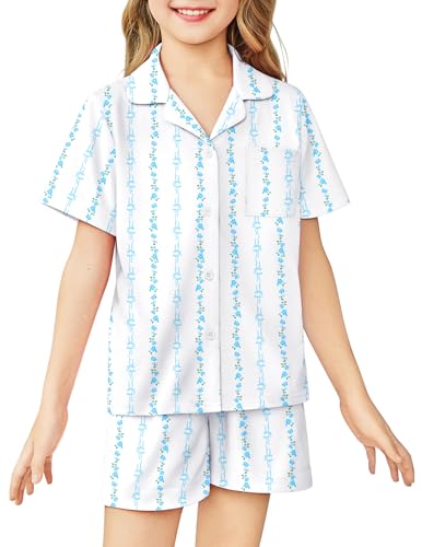 Image of Arshiner Girls Pajamas Sets Short Sleeve Kids Pjs Button Down Sleepwear | Cute Printed Pajamas for Little & Big Girl, Lightweight Comfy Fabric, 2-Piece Outfits, Perfect for Lounge Pajamas Party