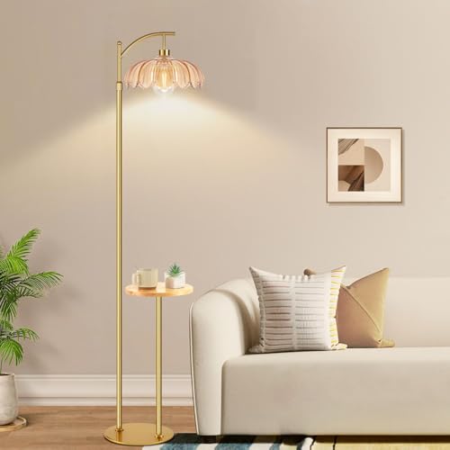 Image of QIYIZM Gold Floor Lamp with Table and Shelves for Living Room Bedroom,Glass Standing Lamp with Remote Dimmable,Boho Brass Tall Lamp Vintage Farmhouse Arc Flower Floor Light Bohemian