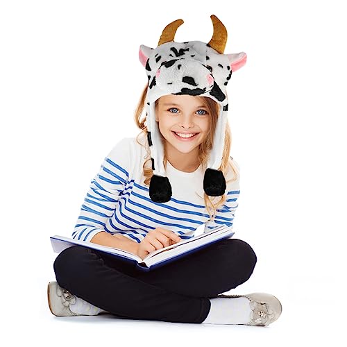 Milisten 1 Stück Kuhmütze mit Beweglichen Ohren Plüschige Tiermütze für Erwachsene für Kostüme Partys und Kalte Wintertage Gemütlich und Warm mit Pompons