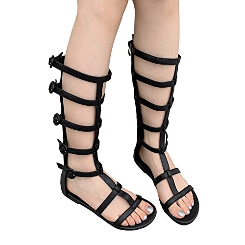 Hbeylia Womens Knee High Caged Gladiator Strappy Flat Sandals,Sandals for Women Flat,Summer Strappy Lace Up Open Toe Fashion Knee High Flat Sandal Gladiator Sandals