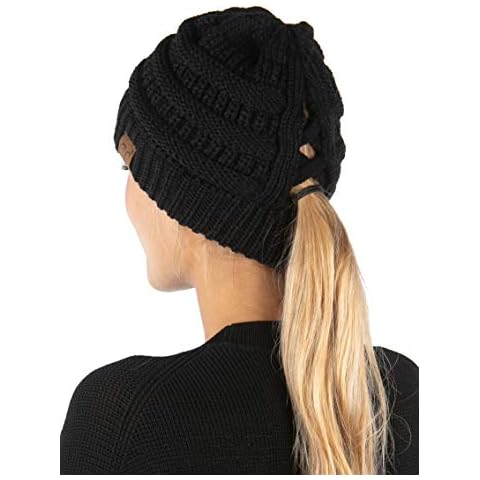 Funky Junque Ponytail Toboggan for Women, Pony Tail Stocking Cap Beanie with Criss Cross Ponytail Hole, Messy Bun, High Ponytail Winter Knit Hat, One Size, Black Cover