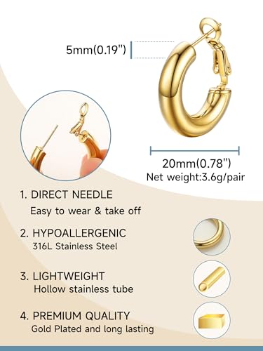 Image of Stainless Steel Chunky Hoop Earrings For Women, Minimalist and Chic, Black /Gold Plated, Round Hoops Earrings Hypoallergenic, Size: 30mm /40mm /60mm /80mm, Come with Box